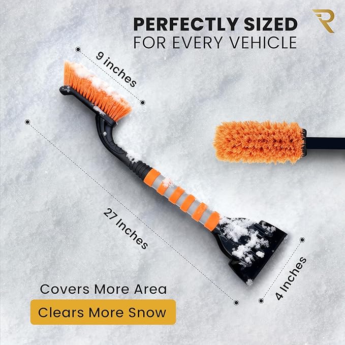 RevLux 27” Snow Brush and Ice Scraper for Car Windshield – Heavy Duty Snow Remover for Cars, SUVs & Trucks | Soft Non-Scratch Bristles | Detachable ABS Ice Scraper | Winter Windshield Cleaning Tool