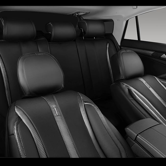 CAR PASS Nappa Leather Car Seat Covers Full Set & Carbon Fiber, Waterproof and Durable All Weather Protector, Universal Fit f