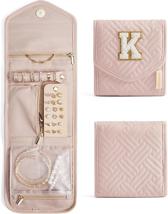BAGSMART Travel Jewelry Organizer Case K Initial Foldable Jewelry Roll for Journey Rings, Necklaces, Earrings, Bracelets,Mini