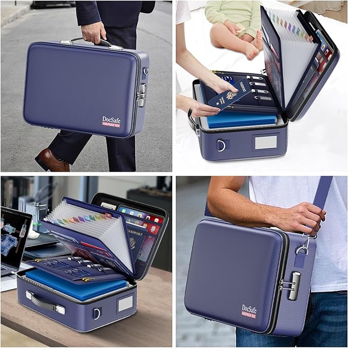 DocSafe Fireproof Document Box with Lock＆Shoulder Strap,Hard Case File Organizer with Accordion File Folder,Multi-Layer Porta