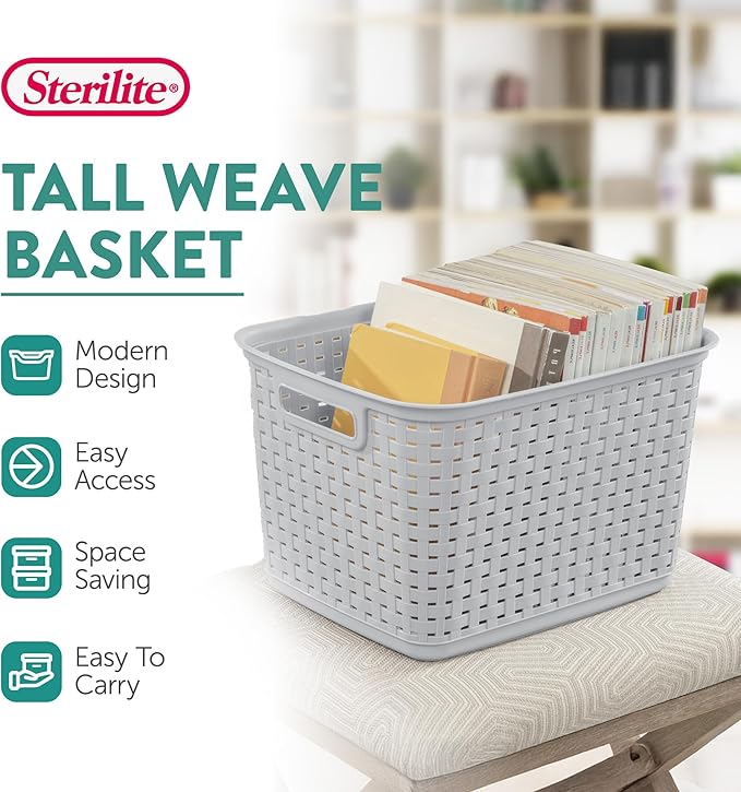 Sterilite 6-Pack Tall Weave Basket, Woven Plastic Storage Baskets for Organization, Cement Gray - Organizing Bin Containers w