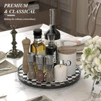 Black and White Kitchen Lazy Susan Turntable – Checkered Round Decorative Tray, 13” Table Top Oak Wood Lazy Susan for Cookies