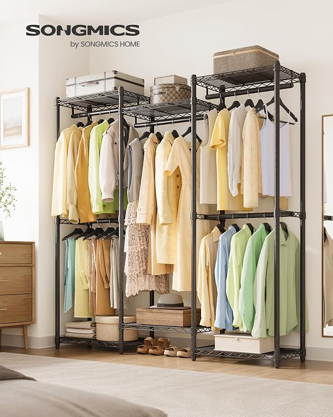 SONGMICS Heavy-Duty Clothes Rack, Garment Rack, Portable Closet, 56.9-Inch Wide Clothing Rack, with Adjustable Mesh Shelves a