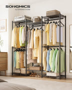 SONGMICS Heavy-Duty Clothes Rack, Garment Rack, Portable Closet, 56.9-Inch Wide Clothing Rack, with Adjustable Mesh Shelves a