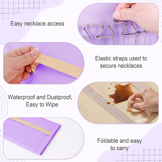 Dynoro Double-Sided Hanging Jewelry Organizer, Lavender Storage Roll for Earrings, Necklaces, Rings, 48 Pockets 21 Hooks, Dur