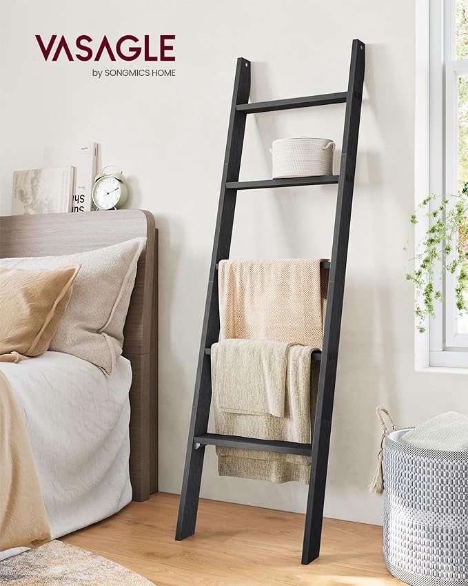 VASAGLE Blanket Ladder Decorative Farmhouse for The Living Room, 5-Tier Ladder Shelf, Ladder Rack for Storage and Decor, Ebon