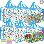 6 Packs Large Toy Storage Bags with Labels, Reusable Clear PVC Storage Bag, Travel Waterproof Organizer Bags (Blue-cute patte