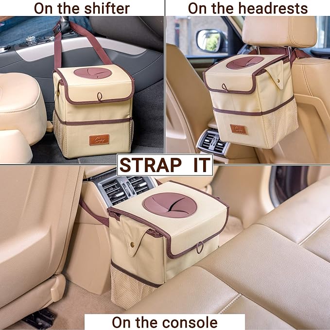 Creathing Car Trash Can [Touring Edition] - Removable Liner - 100% Leakproof, Odor Control Lid, Hanging Garbage Bin for SUV, Truck, Car (2 Gal, Beige)