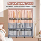 Wardrobe Closet, Quick and Easy Assembly, Gray Large Capacity Portable Closet with 3 Hanging Rods 6 Storage Shelves and 8 Sid