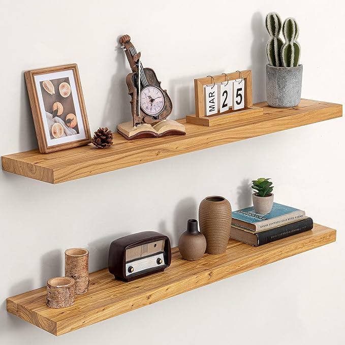 Dreamland Floating Shelves for Wall 40"x8" Set of 2 - Flat Edge Rustic Solid Elm Wood Shelves, Heavy Duty Wall Mounted Shelve