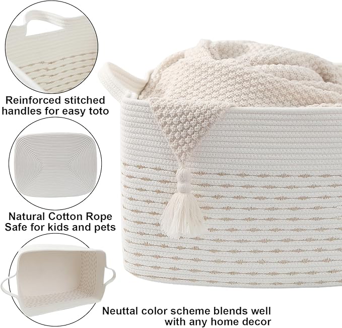65L Large Blanket Basket,21"x16"x12" Rectangle Storage Bin with Handles,Woven Rope Laundry Basket for Toys, Clothes,Pillows,M