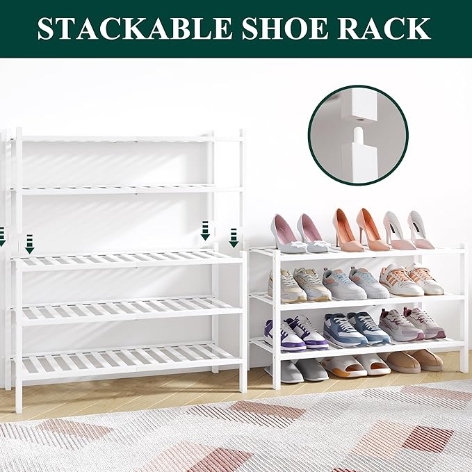 Smiry Bamboo Shoe Rack for Closet, 2 Tier Wooden Stackable Shoe Organizer, Free Standing Shoes Storage Shelf for Entryway, Fr