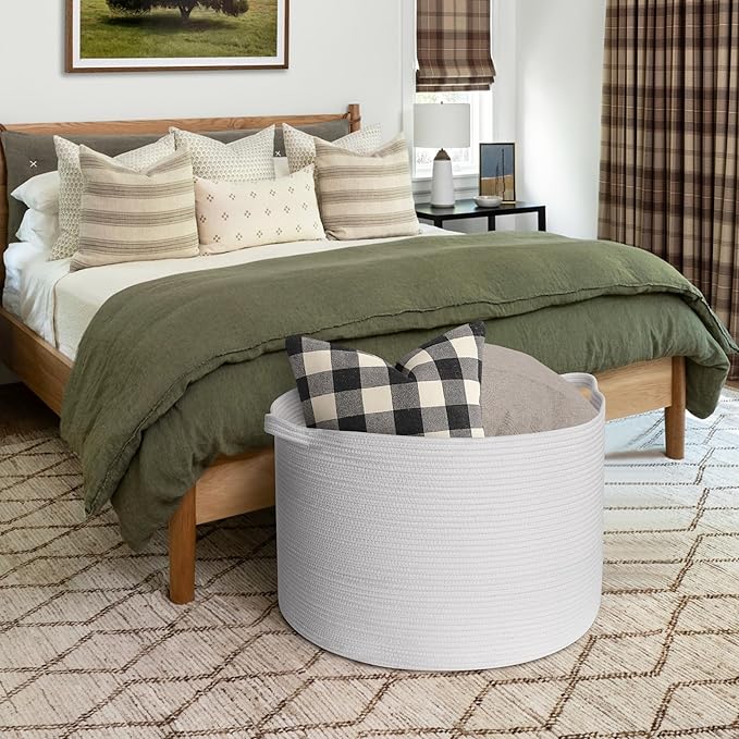 MEGASKET 115L White Cotton Rope Storage Basket, 23.6"x15.7" Extra Large Blanket Storage Living Room, XXXL Soft Toy Bin for Or