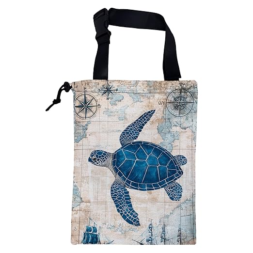 Car Garbage Bag Vintage Blue Sea Turtle Sailing Ships Drawstring Car Trash Bag Hanging for Back Seat with Adjustable Buckle Canvas Vehicle Trash Can Easy-to-Install