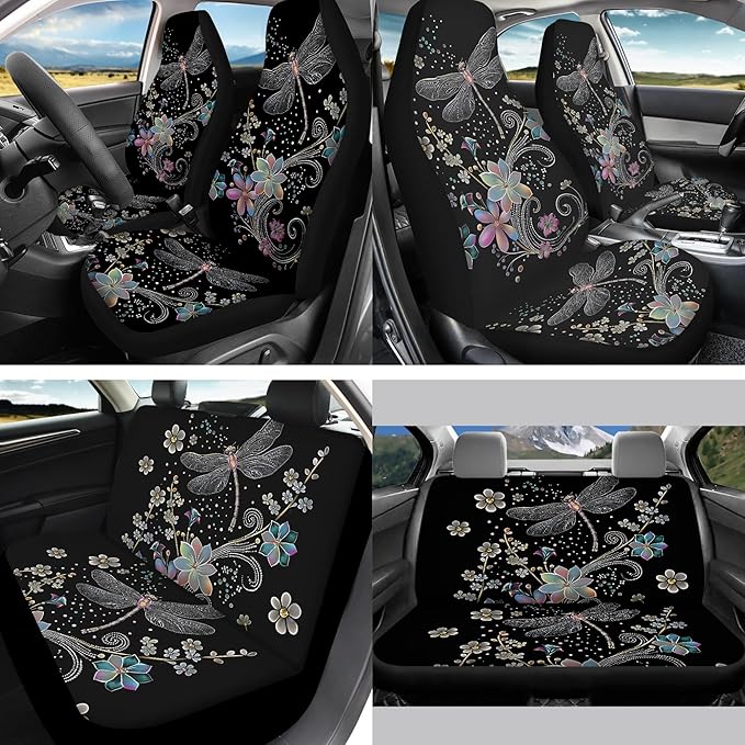 Dragonfly 13 Pcs Auto Seat Cover Sets Steering Wheel Cover Seatbelt Pad Floral Armrest Cover Pad Cup Holders Keychain Chapstick Holder for SUV Van Sedan Truck