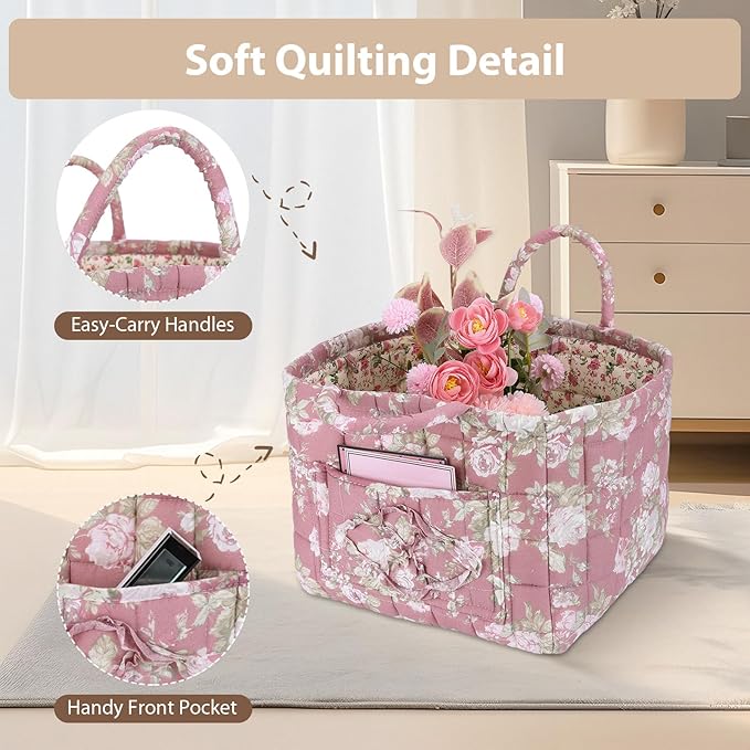 Storage Basket Boho Fabric Large Collapsible Floral Laundry Nursery Hamper Portable Folding Storage for Clothes Toys (Pink)