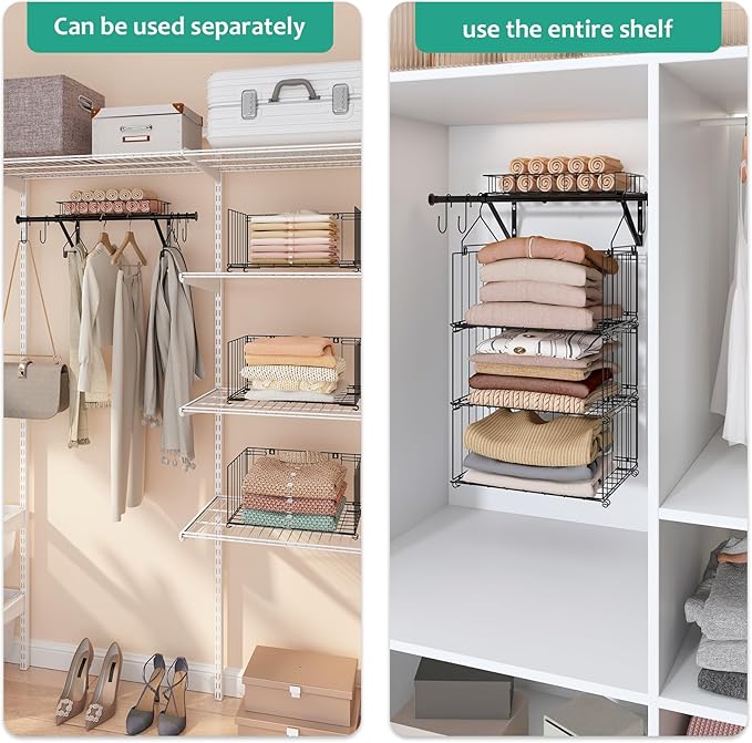 bukfen 3 Tier Hanging Closet Organizer, Wall Mounted Wire Storage Shelf with 4 Hooks, Foldable Stackable Organizer for Laundr