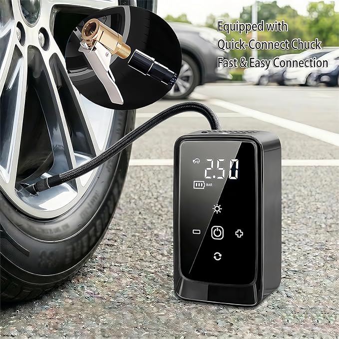 Tire Inflator Portable Air Compressor, Dual-Power (12V DC - Rechargeable) Digital Display Air Compressor, Tire Air Pump, with LED Work Light, for Car Tires, SUV, Motorcycle, Bicycle and Balls