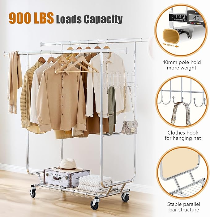 Gewudraw Heavy Duty Clothes Rack Load 900 Lbs, Double Rod Rolling Clothing Rack With Sturdy Wheel And Shelves，Adjustable Port