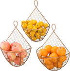 MyGift Set of 3, Farmhouse Copper Metal Wire Mesh Wall Hanging Baskets, Wall-Mounted Storage Basket, Decorative Kitchen Fruit
