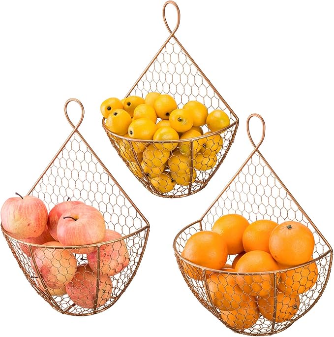 MyGift Set of 3, Farmhouse Copper Metal Wire Mesh Wall Hanging Baskets, Wall-Mounted Storage Basket, Decorative Kitchen Fruit