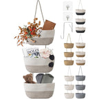3 Tier Wall Mounted Woven Hanging Basket, Over the Door Hanging Basket with Hooks, Decorative Storage Hanging Closet Removabl