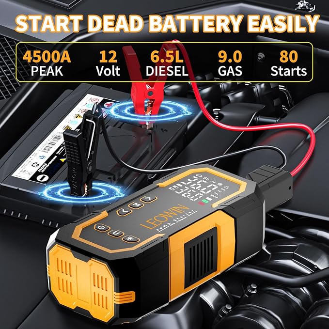 Jump Starter with Air Compressor, Battery Jumper Starter Portable(9.0 Gas/6.5L Diesel) with Tire Inflator, 12V Car Battery Jump Starter with Smart Jumper Cables, LED Light, LCD Display