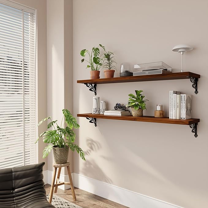 Solid Wood Floating Shelves for Wall with Metal Brackets,2 Tier 48 inch Pinewood Wall Shelf,Suitable for Multiple Places Such