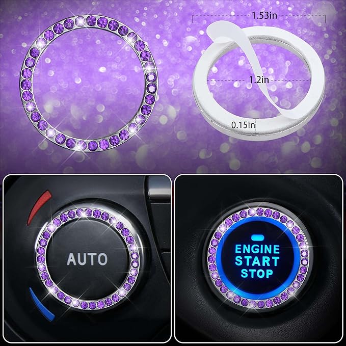 CAR PASS 11PCS Bling Purple Car Steering Wheel Cover Set for Women, Sparkly Rhinestone Diamond Bling Seat Belt Cushion, Glitt