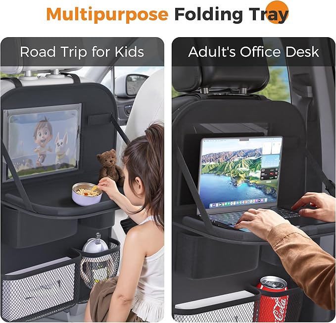 Car Back Seat Tray Organizer: Backseat Storage Protector Kids Travel Accessories Table Holder Car Kick Mat for Kid Road Trip Essentials - Truck Carseat Bag Cover Tablet Organizers Pocket 2 Pack