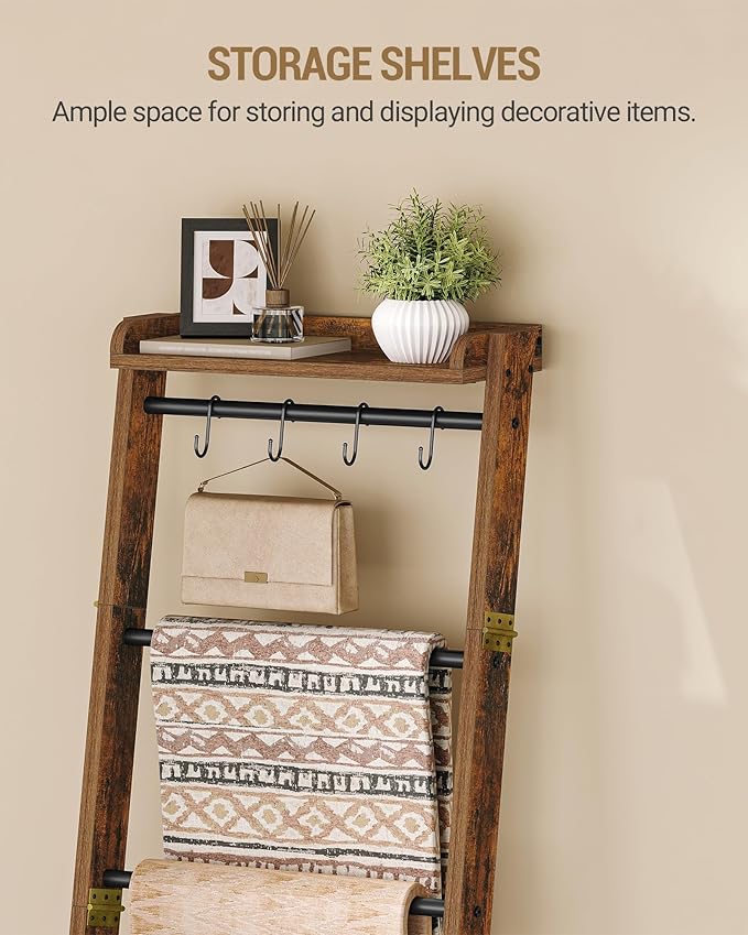 Hzuaneri Blanket Ladder Shelf, Decorative Quilt Rack, 7-Tier Farmhouse Ladder Holder Organizer with 4 Removable Hooks 7.9" D 
