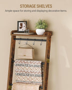Hzuaneri Blanket Ladder Shelf, Decorative Quilt Rack, 7-Tier Farmhouse Ladder Holder Organizer with 4 Removable Hooks 7.9" D 
