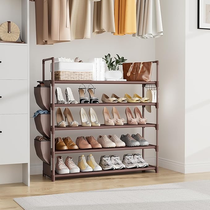 VILICK Shoe Rack for Closet Shoe Organizer Space Saver Storage for 20-25 Pair Shoe Shelf with Hook and Side Pocket Free Stand