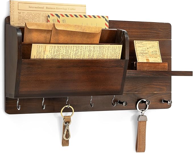 Rebee Vision Pine Wood Key Holder Wall Mount for Home Decor - Vintage Mail Holder Wall Mounted with Floating Shelf & Hooks - 