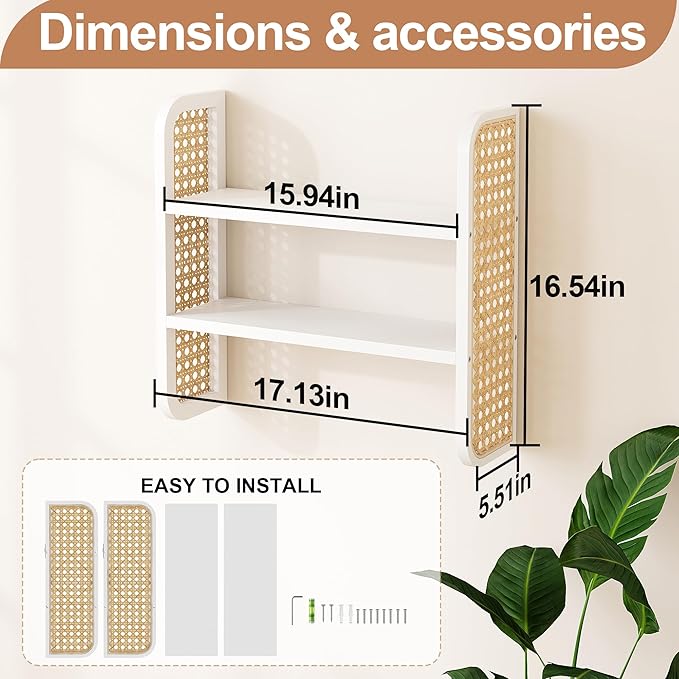 2-Tier Rattan Shelf, White Rattan Bookshelf Wall Mounted, Handmade Woven Display Shelf, Decorative Boho Shelves for Entryway,
