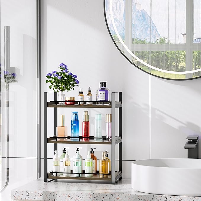 Bathroom Counter Organizer, 3 Tier Wood Countertop Shelf for Vanity, Skincare, Makeup, Kitchen Coffee and Sink Storage, with 