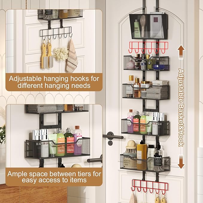 Hongtamoya Adjustable Over The Door Organizer, Closet Door Organizer Heavy Duty Hanging Door Storage with 4 Metal Baskets and