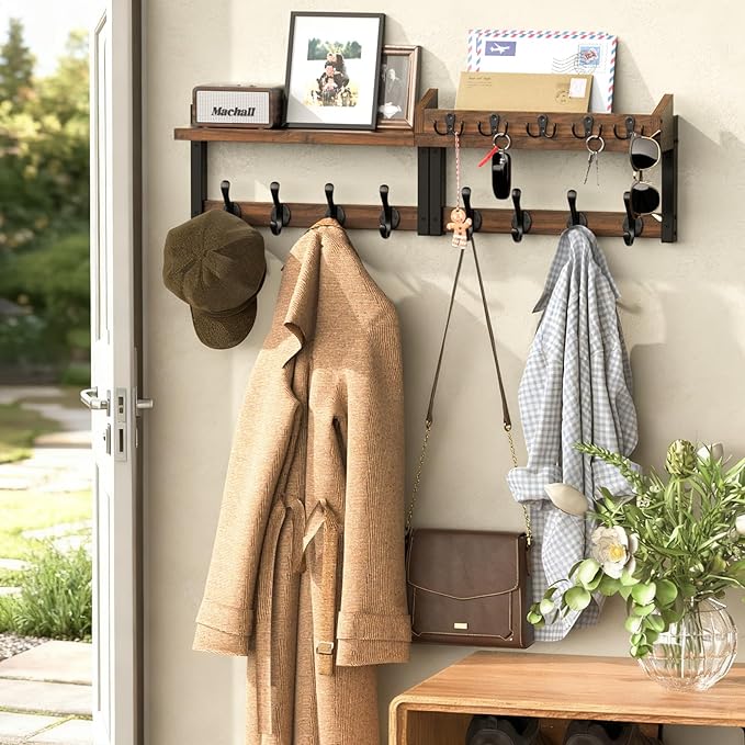 35'' Long Rustic Coat Rack Wall Mount with Shelf, Solid Wood Coat and Key Hanger with 13 Metal Hooks, Farmhouse Wall Organize