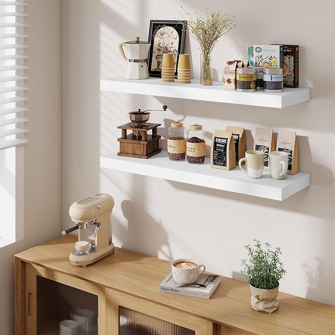 Fun Memories Floating Shelves Set of 2, 36 Inch Long Wooden Wall Shelves, 10 Inch Deep Wall Mounted Storage Shelf with Metal 