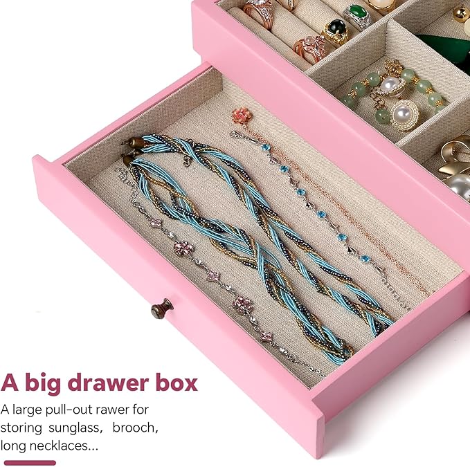 Meangood Jewelry Box Organizer for Women, 2 Layer Large Jewelry Storage Case, Rustic Wooden Jewelry Box with Mirror & Ring Tr