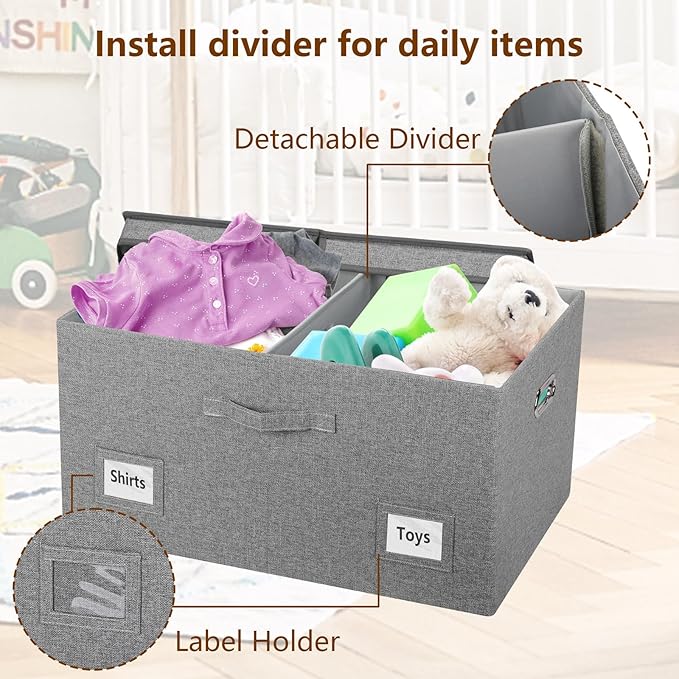 Graciadeco 75 Quarts Extra Large Decorative Storage Bins with Lids, 1 Pack Gray Collapsible Storage Bins with Lids, Stackable