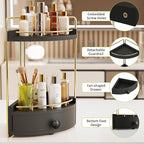2-Tier Corner Bathroom Counter Organizer with Drawer & Embedded Screw Holes - Wooden Countertop Organizers for Skincare, Make