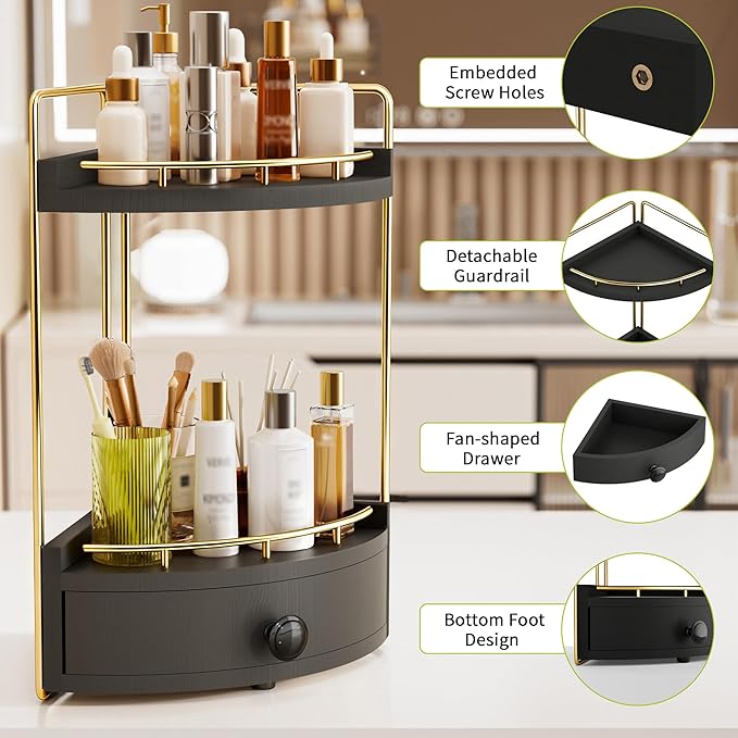 2-Tier Corner Bathroom Counter Organizer with Drawer & Embedded Screw Holes - Wooden Countertop Organizers for Skincare, Make