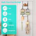 HapiRm Over The Door Purse Organizer - Wall Mounted Purse Rack with 10 Hooks and Metal Basket, Hanging Handbag Organizer Hold