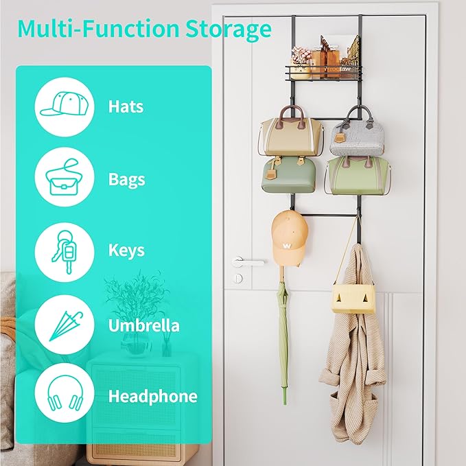 HapiRm Over The Door Purse Organizer - Wall Mounted Purse Rack with 10 Hooks and Metal Basket, Hanging Handbag Organizer Hold