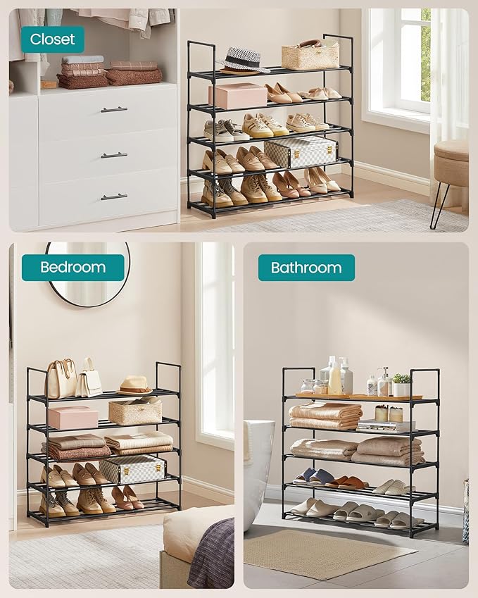 SONGMICS Shoe Rack, 5-Tier Shoe Organizer, Metal Storage Shelf, Upright or Upside Down, for 20-25 Pairs, Stackable, for Entry