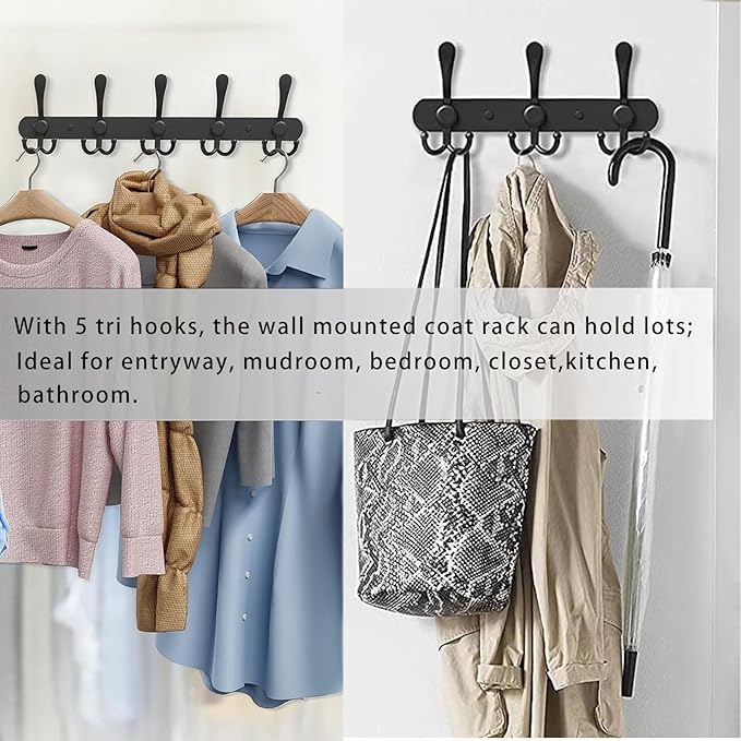 2-Pack Coat Rack Wall Mounted – Space-Saving Wall Clothes Rack, 5 Tri Hooks, Stainless Steel Entryway Organizer for Coats, Ha