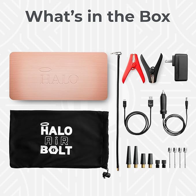 HALO Bolt Air 58830 Portable Car Battery Jump Starter | 100 PSI Air Compressor, 58.8Wh USB Power Bank, Emergency Floodlight