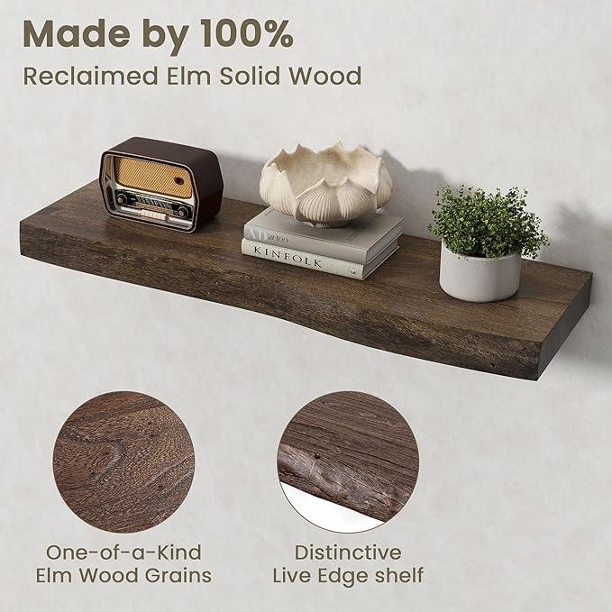 Fun Memories Floating Shelves for Wall Decor Set of 2-30 Inch Solid Elm Wood Live Edge - Rustic Walnut Wall Shelves with Invi