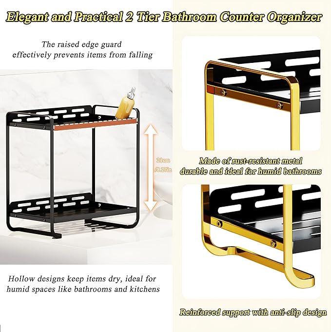 2-Tier Black Carbon Steel Bathroom Counter Organizer - Skincare Cosmetic Display Tray for Perfume, Makeup，Bathroom, Vanity St